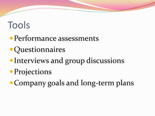 Tools
Performance assessments
Questionnaires
Interviews and group discussions
Projections
Company goals and long-term plans
 