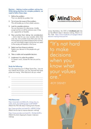 27
Decision - Making involves problem solving too.
While taking decisions for complex problems, we
need to follow these steps:
Define the problem.
1.
That is to identify the problem first.
Try to know the cause of the problem.
2.
This will enable you to find a better solution.
Look for possible solutions.
3.
You can brainstorm for alternatives. Initially
accept and list out all the solutions even if they
are apparently not feasible.
Now prioritize them taking into consideration
4.
– what is best for you now, consider others (Not
only me), and consider future (Not only now). By
thinking beyond yourself and beyond the moment,
you are more likely to select choices that are useful
to the society with benefits in the future.
Select one from those as solution.
5.
Explain your decision to the people who got
affected.
Take a viable and acceptable decision.
6.
Implement it to solve the problem.
7.
If it doesn’t work, choose the next one and try
again.
Study the following:
You are organizing your College Sports Day. Just one
hour before the function, you are informed that three
prizes are missing. What decision/s do you make?
_________________________________________
1.
_________________________________________
_________________________________________
_________________________________________
_________________________________________
_________________________________________
2.
_________________________________________
_________________________________________
_________________________________________
_________________________________________
Web Resources:
https://www.ted.com/talks/ruth_chang_how_to_
make_hard_choices?language=en#t-59587
(Watch this TED talk about making hard choices)
ttps://www.youtube.com/watch?v=z8DN2-SUSgs
(Watch this for tips to improve decision making)
https://www.youtube.com/watch?v=3Ux3pm6UfCo
(Watch this short clipping for biases in decision
making)
James Manktelow, the CEO of mindtools.com lists
out the different steps in decision making. Watch it on
You Tube https://www.mindtools.com/pages/videos/
decision-making-transcript.htm
“It’s not hard
to make
decisions
when you
know what
your values
are.”
-ROY DISNEY
 