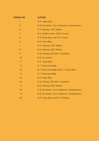 44
LESSON NO.		 AUTHOR
1			 Dr K. Vijaya Babu
2			 Dr B. Sai Lakshmi, Govt. Polytechnic, Visakhapatnam
3			 Dr K. Padmaja, GDC Nellore
4			 Dr A. Madhavi Latha, SJGC, Kurnool
5			 Dr K. Vijaya Babu and Sri P
. S. Sastry
6			 Dr K. Vijaya Babu
7			 Dr K. Padmaja, GDC Nellore
8			 Dr K. Padmaja, GDC Nellore
9			 Dr M. Pankaja, SVA GDC, Srikalahasti
10			 Dr B. Sai Lakshmi
11			 Dr K. Vijaya Babu
12			 Dr T. Sreenivasa Reddy
13			 Dr T. Sreenivasa Reddy and Dr. K. Vijaya Babu
14			 Dr T. Sreenivasa Reddy
15			 Dr K. Vijaya Babu
16			 Dr M. Pankaja, SVA GDC, Srikalahasti
17			 Dr K. Padmaja, GDC Nellore
18			 Dr B. Sai Lakshmi, Govt. Polytechnic, Visakhapatnam
19			 Dr B. Sai Lakshmi, Govt. Polytechnic, Visakhapatnam
20			 Dr K. Vijaya Babu and Dr K. Padmaja
			
 