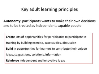 Getting participants to remember:                meta-cognitive skillsTuningProvide practice, example and cases that require learners to apply learning immediatelyMonitoringUse observation checklist to record applicationPlace learners in on-the-job learning situation