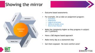 Showing the mirror
• Outcome based assessments
• For example, let us take an assignment program:
• Comments
• Indentation
• Logical correctness
• Ability to handle errors
• Nice to have feature
• Make the complexity higher as they progress in subject
(ex: C pointers)
• Have a 360 degree based approach
• Make every day as a assessment day
• Get them exposed – No more comfort zone!
Attendance
Weekly Tests
Assessment
System
 