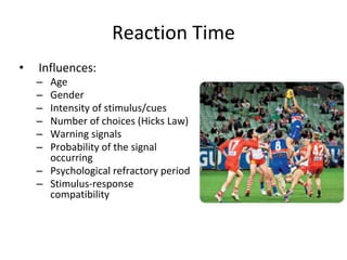 Reaction Time
• Influences:
– Age
– Gender
– Intensity of stimulus/cues
– Number of choices (Hicks Law)
– Warning signals
– Probability of the signal
occurring
– Psychological refractory period
– Stimulus-response
compatibility
 