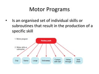 Motor Programs
• Is an organised set of individual skills or
subroutines that result in the production of a
specific skill
 
