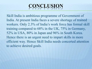 CONCLUSION
Skill India is ambitious programme of Government of
India. At present India faces a severe shortage of trained
workers. Only 2.3% of India’s work force has formal skill
training compared to 68% in the UK, 75% in Germany,
52% in USA, 80% in Japan and 96% in South Korea.
Hence there is an urgent need to impart skills in more
efficient way. Hence Skill India needs concerted attention
to achieve desired goals.
 