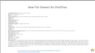 New File Viewers for OneDrive
• 3-D Modeling/Printing: 3MF, COOL, GLB, GLTF, OBJ, STL
• Apple: MOVIE, PAGES, PICT, SKETCH
• Adobe: AI, PDF, PSB, PSD
• Audio/Video Media Files: 3G2, 3GP, ASF, BMP, M2TS, M4V, MOV, MP3, MP4, MP4V, MTS, TS, WMV
• AutoCAD: DWG
• AutoDesk: FBX
• BioWare Game Engine: ERF
• Compressed File: ZIP
• Compressed File (Unix): Z
• DICOM Medical Images: DCM, DCM30, DICM, DICOM
• Finale: PLY
• HydroCAD: HCP
• Image Formats: GIF, JPEG, JPG. JPE, MEF, MRW, NEF, NRW, ORF, PANO, PEF, PNG, SPM, TIF, TIFF, XBM, XCF
• License Key: KEY
• Log Files: LOG
• Microsoft Office (Word, PowerPoint, Excel): CSV, DIC, DOC, DOCM, DOCX, DOTM, DOTX, POT, POTM, POTX, PPS, PPSM, PPSX, PPT, PPTM, PPTX, XD, XLS, XLSB, XLSX, SLTX
• Microsoft Outlook: EML, MSG
• Microsoft Visio: VSD, VSDX
• Microsoft Windows: CUR, ICO, ICON
• Open eBook: EPUB
• OpenOffice: ODP, ODS, ODT,
• Photo: ARW, CR2, CRW, DNG
• Rich Text Format: RTF
• Text and Code: ABAP, ADA, ADP, AHK, AS, AS3, ASC, ASCX, ASM, ASP, AWK, BAS, BASH, BASH_LOGIN, BASH_LOGOUT, BASH_PROFILE, BASHRC, BAT, BIB, BSH, BUILD, BUILDER, C, C++, CAPFILE, CBK, CC,
CFC, CFM, CFML, CL, CLJ, CMAKE, CMD, COFFEE, CPP, CPT, CPY, CS, CSHTML, CSON, CSPROJ, CSS, CTP, CXX, D, DDL, DI. DIF, DIFF, DISCO, DML, DTD, DTML, EL, EMAKE, ERB, ERL, F90, F95, FS, FSI, FSSCRIPT,
FSX, GEMFILE, GEMSPEC, GITCONFIG, GO, GROOVY, GVY, H, H++, HAML, HANDLEBARS, HBS, HRL, HS, HTC, HTML, HXX, IDL, IIM, INC, INF, INI, INL, IPP, IRBRC, JADE, JAV, JAVA, JS, JSON, JSP, JSX, L, LESS,
LHS, LISP, LOG, LST, LTX, LUA, M, MAKE, MARKDN, MARKDOWN, MD, MDOWN, MKDN, ML, MLI, MLL, MLY, MM, MUD, NFO, OPML, OSASCRIPT, OUT, P, PAS, PATCH, PHP, PHP2, PHP3, PHP4, PHP5, PL,
PLIST, PM, POD, PP, PROFILE, PROPERTIES, PS, PS1, PT, PY, PYW, R, RAKE, RB, RBX, RC, RE, README, REG, REST, RESW, RESX, RHTML, RJS, RPROFILE, RPY, RSS, RST, RXML, S, SASS, SCALA, SCM, SCONSCRIPT,
SCONSTRUCT, SCRIPT, SCSS, SGML, SH, SHTML, SML, SQL, STY, TCL, TEX, TEXT, TEXTILE, TLD, TLI, TMPL, TPL, TXT, VB, VI, VIM, WSDL, XAML, XHTML, XOML, XML, XSD, XSL, XSLT, YAML, YAWS, YML, ZSH
• Web/Hypertext: HTM, HTML, Markdown, MD, URL
https://techcommunity.microsoft.com/t5/Microsoft-OneDrive-Blog/New-File-Viewers-for-
OneDrive-SharePoint-and-Teams/ba-p/189182
 