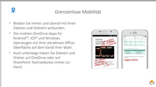 Grenzenlose Mobilität
• Bleiben Sie immer und überall mit Ihren
Dateien und Ordnern verbunden.
• Die mobilen OneDrive-Apps für
Android™, iOS® und Windows
überzeugen mit ihrer attraktiven Office-
Oberfläche auf dem Gerät Ihrer Wahl.
• Auch unterwegs haben Sie Dateien und
Ordner auf OneDrive oder auf
SharePoint-Teamwebsites immer zur
Hand.
 