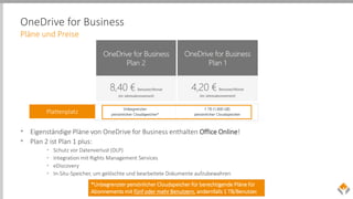 OneDrive for Business
Pläne und Preise
*Unbegrenzter persönlicher Cloudspeicher für berechtigende Pläne für
Abonnements mit fünf oder mehr Benutzern, andernfalls 1 TB/Benutzer.
• Eigenständige Pläne von OneDrive for Business enthalten Office Online!
• Plan 2 ist Plan 1 plus:
• Schutz vor Datenverlust (DLP)
• Integration mit Rights Management Services
• eDiscovery
• In-Situ-Speicher, um gelöschte und bearbeitete Dokumente aufzubewahren
Plattenplatz
 