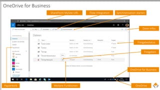 OneDrive for Business
SharePoint MySite-URL Flow-Integration Synchronisation starten
OneDrive for Business
OneDrive
Freigabestatus
Freigeben
Weitere Funktionen
Datei-Infos
Papierkorb
 
