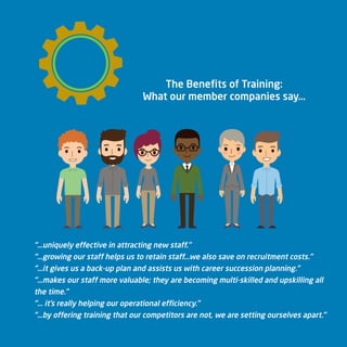 “…uniquely effective in attracting new staff.”
“…growing our staff helps us to retain staff…we also save on recruitment costs.”
“…it gives us a back-up plan and assists us with career succession planning.”
“…makes our staff more valuable; they are becoming multi-skilled and upskilling all
the time.”
“… it’s really helping our operational efficiency.”
“…by offering training that our competitors are not, we are setting ourselves apart.”
The Benefits of Training:
What our member companies say…
 