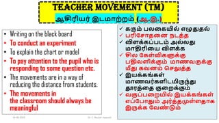 TEACHER MOVEMENT (TM)
ஆசிரியர் இடமாற்றம் (ஆ.இ.)
• Writing on the black board
• To conduct an experiment
• To explain the chart or model
• To pay attention to the pupil who is
responding to some question etc.
• The movements are in a way of
reducing the distance from students.
• The movements in
the classroom should always be
meaningful
16-06-2022 Dr. C. Beulah Jayarani 28
 ைரும் பலகையில் எழுதுதல்
 பரிகொதகன நடத்த
 விளை்ைப்படம் அல்லது
மாதிரிகய விளை்ை
 சில கைள்விைளுை்கு
பதிலளிை்கும் மாணவருை்கு
மீது ைவனம் செலுத்த
 இயை்ைங்ைள்
மாணவர்ைளிடமிருந்து
தூரத்கத குகறை்கும்
 வகுப்பகறயில் இயை்ைங் ைள்
எப்கபாதும் அர்த்தமுள்ளதாை
இருை்ை கவண
் டும்
 
