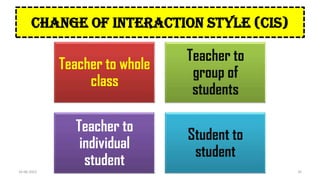 CHANGE OF INTERACTION STYLE (CIS)
Teacher to whole
class
Teacher to
group of
students
Teacher to
individual
student
Student to
student
16-06-2022 35
 