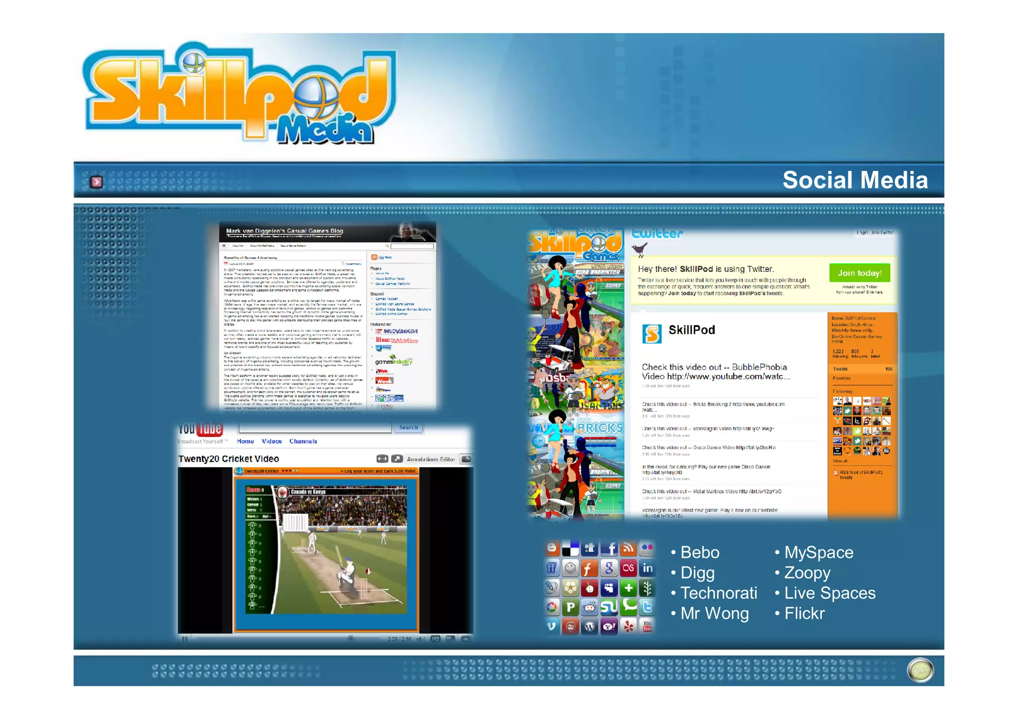 Social Media




• Bebo         • MySpace
• Digg         • Zoopy
• Technorati   • Live Spaces
• Mr Wong      • Flickr
 