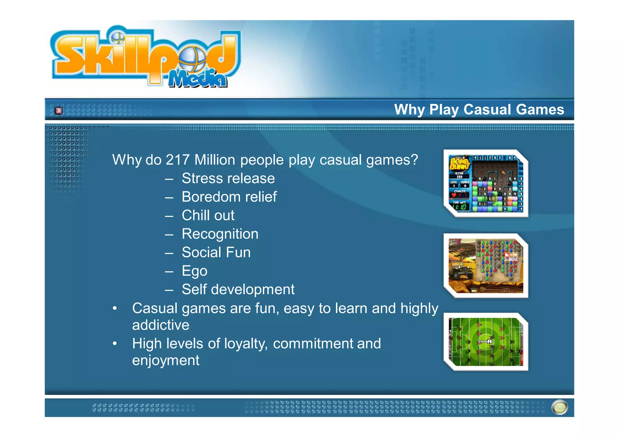 Why Play Casual Games


Why do 217 Million people play casual games?
       – Stress release
       – Boredom relief
       – Chill out
       – Recognition
       – Social Fun
       – Ego
       – Self development
• Casual games are fun, easy to learn and highly
  addictive
• High levels of loyalty, commitment and
  enjoyment
 