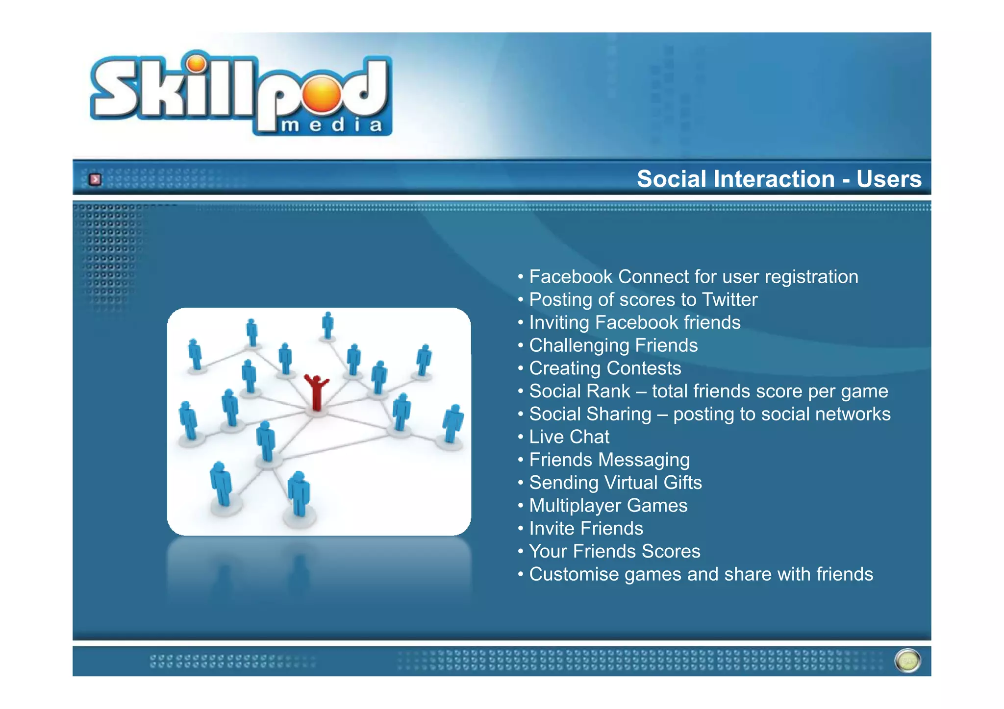 Social Interaction - Users



• Facebook Connect for user registration
• Posting of scores to Twitter
• Inviting Facebook friends
• Challenging Friends
• Creating Contests
• Social Rank – total friends score per game
• Social Sharing – posting to social networks
• Live Chat
• Friends Messaging
• Sending Virtual Gifts
• Multiplayer Games
• Invite Friends
• Your Friends Scores
• Customise games and share with friends
 