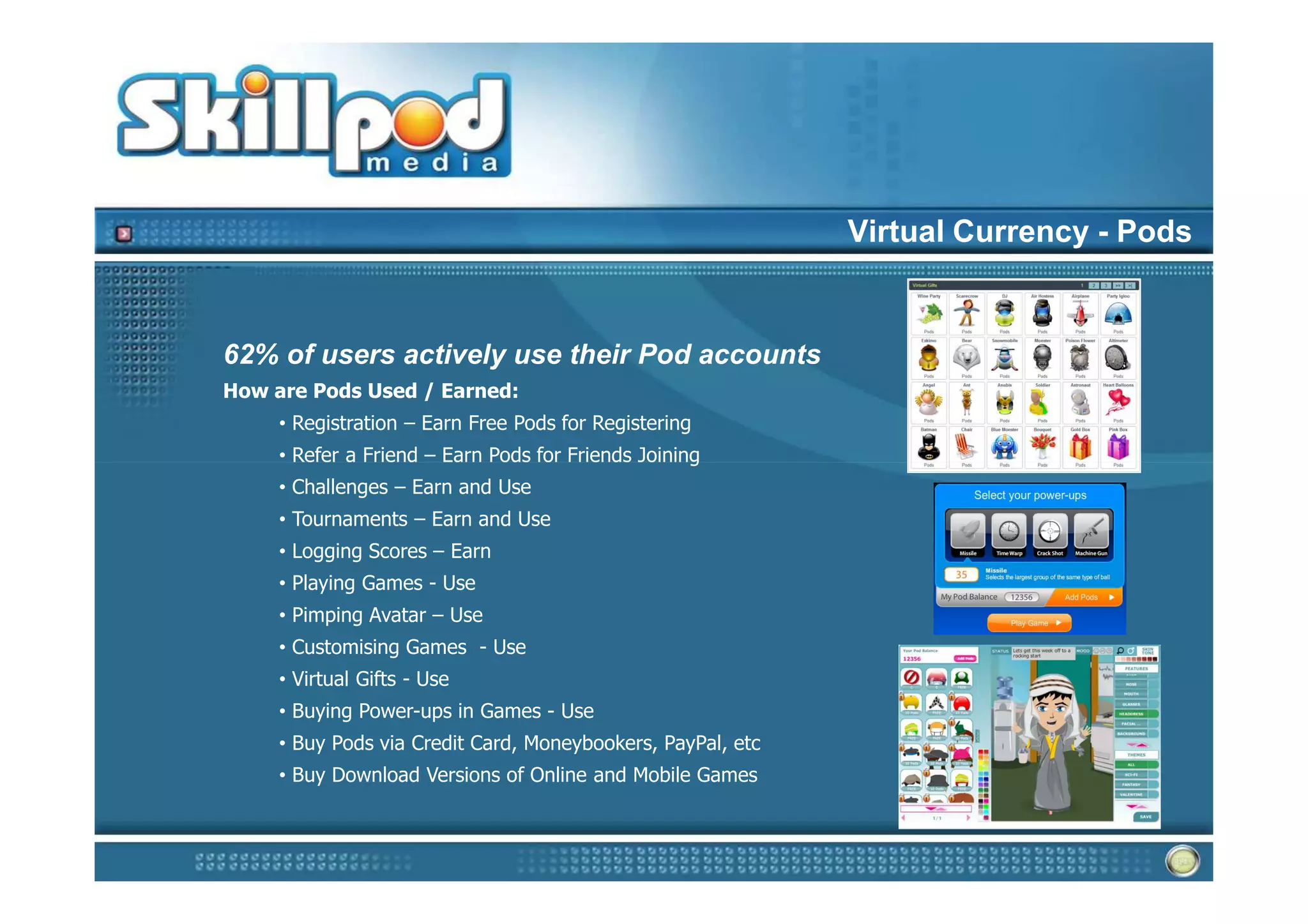 Virtual Currency - Pods


62% of users actively use their Pod accounts
How are Pods Used / Earned:
     • Registration – Earn Free Pods for Registering
     • Refer a Friend – Earn Pods for Friends Joining
     • Challenges – Earn and Use
     • Tournaments – Earn and Use
     • Logging Scores – Earn
     • Playing Games - Use
     • Pimping Avatar – Use
     • Customising Games - Use
     • Virtual Gifts - Use
     • Buying Power-ups in Games - Use
     • Buy Pods via Credit Card, Moneybookers, PayPal, etc
     • Buy Download Versions of Online and Mobile Games
 
