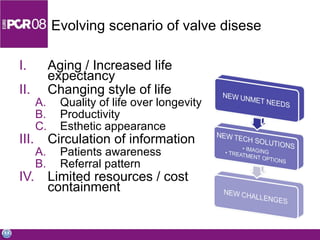 Evolving scenario of valve disese Aging / Increased life expectancy Changing style of life Quality  of life   over longevity Productivity E sthetic  appearance Circulation of information Patients awareness Referral pattern Limited resources / cost containment 