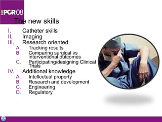 The new skills Catheter skills Imaging Research oriented Tracking results Comparing surgical vs interventional outcomes Participating/designing Clinical Trials Additional knowledge Intellectual property Research and development Engineering Regulatory 