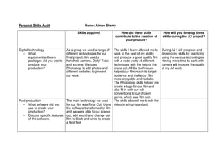 Personal Skills Audit                          Name: Aimee Sherry

                                          Skills acquired               How did these skills            How will you develop these
                                                                     contribute to the creation of      skills during the A2 project?
                                                                            your product?


Digital technology                As a group we used a range of     The skills I learnt allowed me to   During A2 I will progress and
   - What                         different technologies for our    work to the best of my ability      develop my skills by practicing
        equipment/software        final project. We used a          and produce a good quality film     using the various technologies.
        packages did you use to   handheld camera, Dolly/ Track     with a vade verity of different     Having more time to work with
        produce your              and a crane. We used              techniques with the help of the     camera will improve the quality
        production?               Photoshop to edit photos and      crane ect. All the techniques       of my A2 work.
                                  different websites to present     helped our film reach its target
                                  our work.                         audience and make our film
                                                                    more enjoyable and realistic.
                                                                    The Photoshop skills helped me
                                                                    create a logo for our film and
                                                                    also fit in with our edit
                                                                    conventions to our chosen
                                                                    genre, which was film noir.
Post production                   The main technology we used       The skills allowed me to edit the
   - What software did you        for our film was Final Cut. Using video to a high standard.
      use to create your          the software transformed or film
      production?                 and we were able to cut scenes
   - Discuss specific features    out, add sound and change our
      of the software.            film to black and white to create
                                  a Noir feel.
 