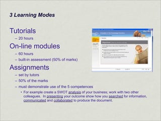 3 Learning Modes


Tutorials
 – 20 hours

On-line modules
 – 60 hours
 – built-in assessment (50% of marks)

Assignments
 ...
