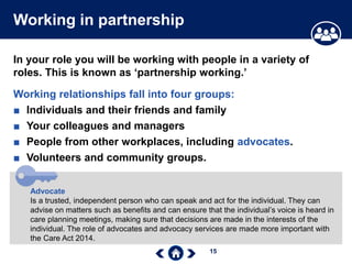 15
Working in partnership
In your role you will be working with people in a variety of
roles. This is known as ‘partnership working.’
Working relationships fall into four groups:
■ Individuals and their friends and family
■ Your colleagues and managers
■ People from other workplaces, including advocates.
■ Volunteers and community groups.
Advocate
Is a trusted, independent person who can speak and act for the individual. They can
advise on matters such as benefits and can ensure that the individual’s voice is heard in
care planning meetings, making sure that decisions are made in the interests of the
individual. The role of advocates and advocacy services are made more important with
the Care Act 2014.
 