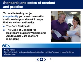 4
Standards and codes of conduct
and practice
To be able to do your job
competently you must have skills
and knowledge and work in ways
that are set out nationally.
■ The Care Certificate
■ The Code of Conduct for
Healthcare Support Workers and
Adult Social Care Workers
in England
Competence
Having the ability and expertise to understand an individual’s needs in order to deliver
effective care.
 