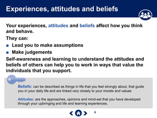 6
Experiences, attitudes and beliefs
Your experiences, attitudes and beliefs affect how you think
and behave.
They can:
■ Lead you to make assumptions
■ Make judgements
Self-awareness and learning to understand the attitudes and
beliefs of others can help you to work in ways that value the
individuals that you support.
Beliefs: can be described as things in life that you feel strongly about, that guide
you in your daily life and are linked very closely to your morals and values
Attitudes: are the approaches, opinions and mind-set that you have developed
through your upbringing and life and learning experiences.
 