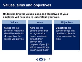 7
Values, aims and objectives
Understanding the values, aims and objectives of your
employer will help you to understand your role.
Values
Values are the
beliefs or ideals that
should be evident in
all aspects of the
service you provide
Aims
Aims are the
general goals that
an organisation
hopes to achieve
through their
activity. The
purpose of your job
will be to contribute
to achieving these’
Objectives
Objectives are
specific things that
must be in place in
order to achieve the
aims.
 