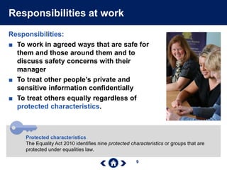 9
Responsibilities at work
Protected characteristics
The Equality Act 2010 identifies nine protected characteristics or groups that are
protected under equalities law.
Responsibilities:
■ To work in agreed ways that are safe for
them and those around them and to
discuss safety concerns with their
manager
■ To treat other people’s private and
sensitive information confidentially
■ To treat others equally regardless of
protected characteristics.
 