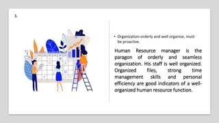 3.
Human Resource manager is the
paragon of orderly and seamless
organization. His staff is well organized.
Organized files, strong time
management skills and personal
efficiency are good indicators of a well-
organized human resource function.
 