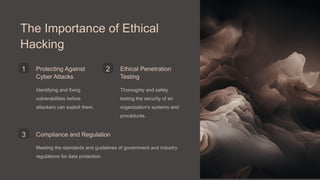 The Importance of Ethical
Hacking
1 Protecting Against
Cyber Attacks
Identifying and fixing
vulnerabilities before
attackers can exploit them.
2 Ethical Penetration
Testing
Thoroughly and safely
testing the security of an
organization's systems and
procedures.
3 Compliance and Regulation
Meeting the standards and guidelines of government and industry
regulations for data protection.
 