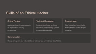Skills of an Ethical Hacker
Critical Thinking
Analyze and identify weaknesses in
an organization's security
infrastructure.
Technical Knowledge
Understand software, hardware,
networking, and operating systems
to identify vulnerabilities.
Perseverance
Stay focused and committed to
finding the best solution despite
obstacles.
Communication
Clearly convey risks and vulnerabilities to technical and non-technical stakeholders.
 