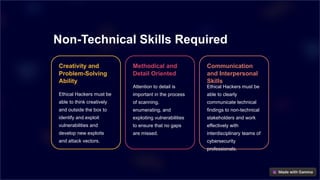 Non-Technical Skills Required
Creativity and
Problem-Solving
Ability
Ethical Hackers must be
able to think creatively
and outside the box to
identify and exploit
vulnerabilities and
develop new exploits
and attack vectors.
Methodical and
Detail Oriented
Attention to detail is
important in the process
of scanning,
enumerating, and
exploiting vulnerabilities
to ensure that no gaps
are missed.
Communication
and Interpersonal
Skills
Ethical Hackers must be
able to clearly
communicate technical
findings to non-technical
stakeholders and work
effectively with
interdisciplinary teams of
cybersecurity
professionals.
 