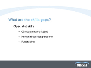 What are the skills gaps? Specialist skills Campaigning/marketing Human resources/personnel Fundraising 