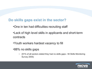 Do skills gaps exist in the sector? One in ten had difficulties recruiting staff Lack of high level skills in applicants and short-term contracts Youth workers hardest vacancy to fill 88% no skills gaps (91% of all sectors stated they had no skills gaps - NI Skills Monitoring Survey 2005)  