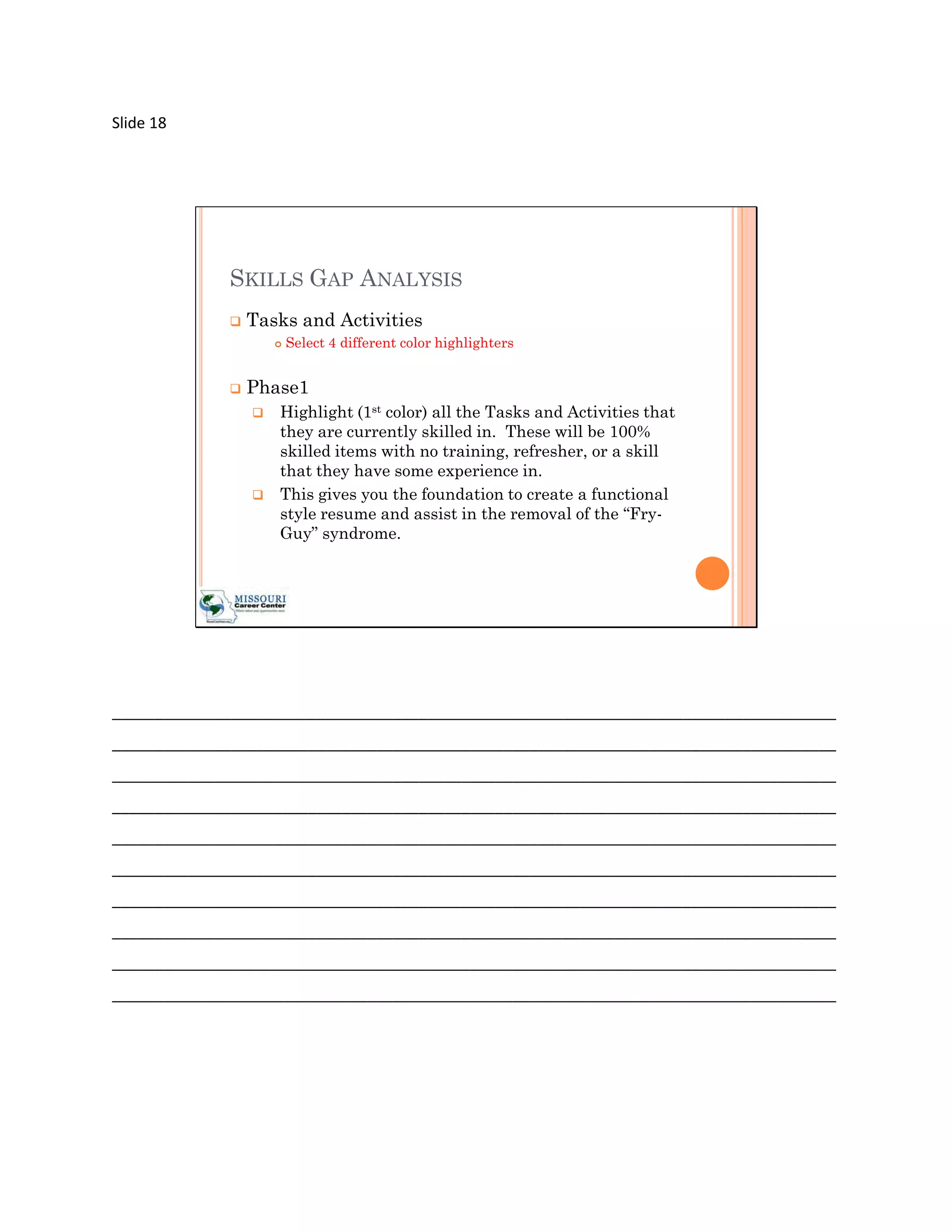 Slide 18




             SKILLS GAP ANALYSIS
                Tasks and Activities
                        Select 4 different color highlighters


                Phase1
                    Highlight (1st color) all the Tasks and Activities that
                     they are currently skilled in. These will be 100%
                     skilled items with no training, refresher, or a skill
                     that they have some experience in.
                    This gives you the foundation to create a functional
                     style resume and assist in the removal of the “Fry-
                     Guy” syndrome.




_____________________________________________________________________________________
_____________________________________________________________________________________
_____________________________________________________________________________________
_____________________________________________________________________________________
_____________________________________________________________________________________
_____________________________________________________________________________________
_____________________________________________________________________________________
_____________________________________________________________________________________
_____________________________________________________________________________________
_____________________________________________________________________________________
 