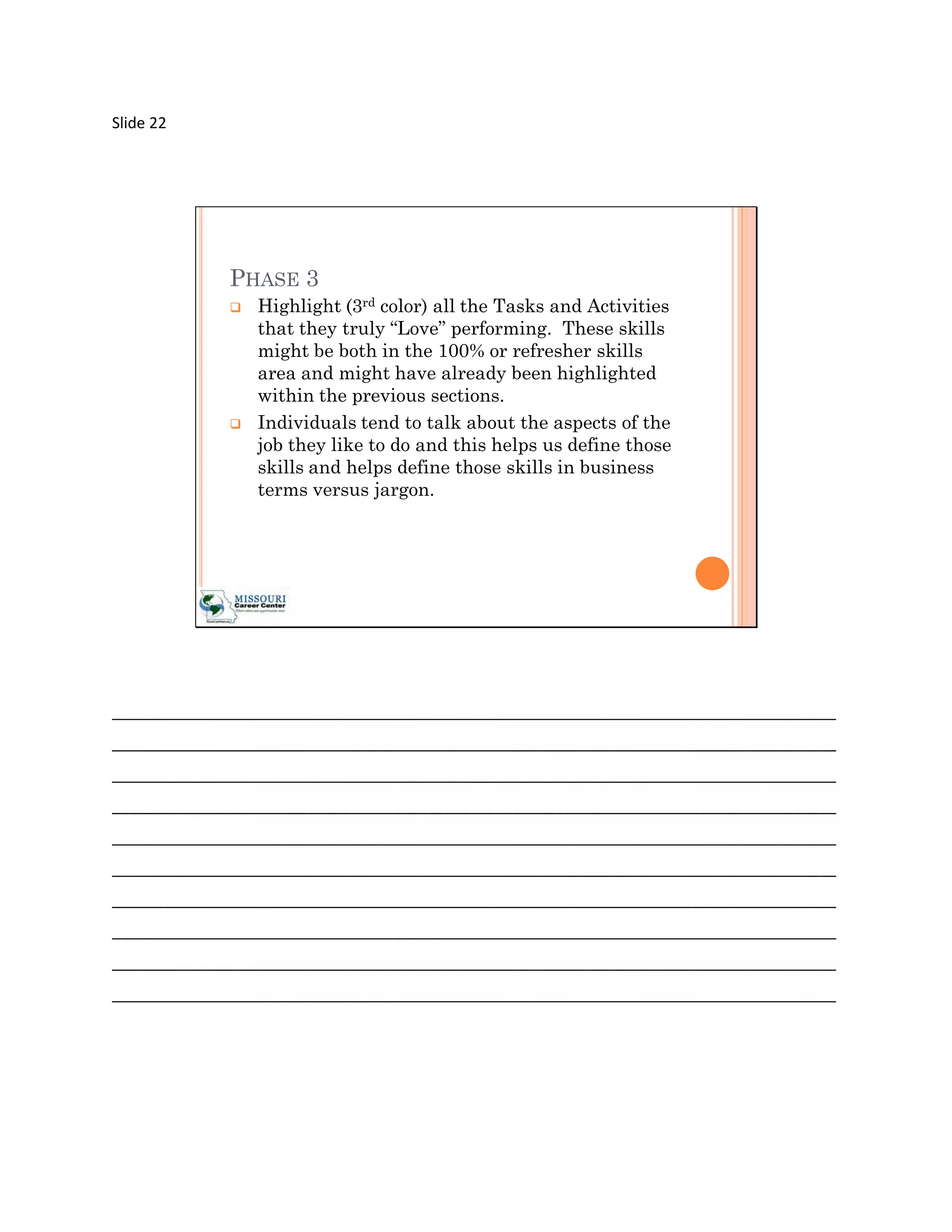 Slide 22




             PHASE 3
                Highlight (3rd color) all the Tasks and Activities
                 that they truly “Love” performing. These skills
                 might be both in the 100% or refresher skills
                 area and might have already been highlighted
                 within the previous sections.
                Individuals tend to talk about the aspects of the
                 job they like to do and this helps us define those
                 skills and helps define those skills in business
                 terms versus jargon.




_____________________________________________________________________________________
_____________________________________________________________________________________
_____________________________________________________________________________________
_____________________________________________________________________________________
_____________________________________________________________________________________
_____________________________________________________________________________________
_____________________________________________________________________________________
_____________________________________________________________________________________
_____________________________________________________________________________________
_____________________________________________________________________________________
 