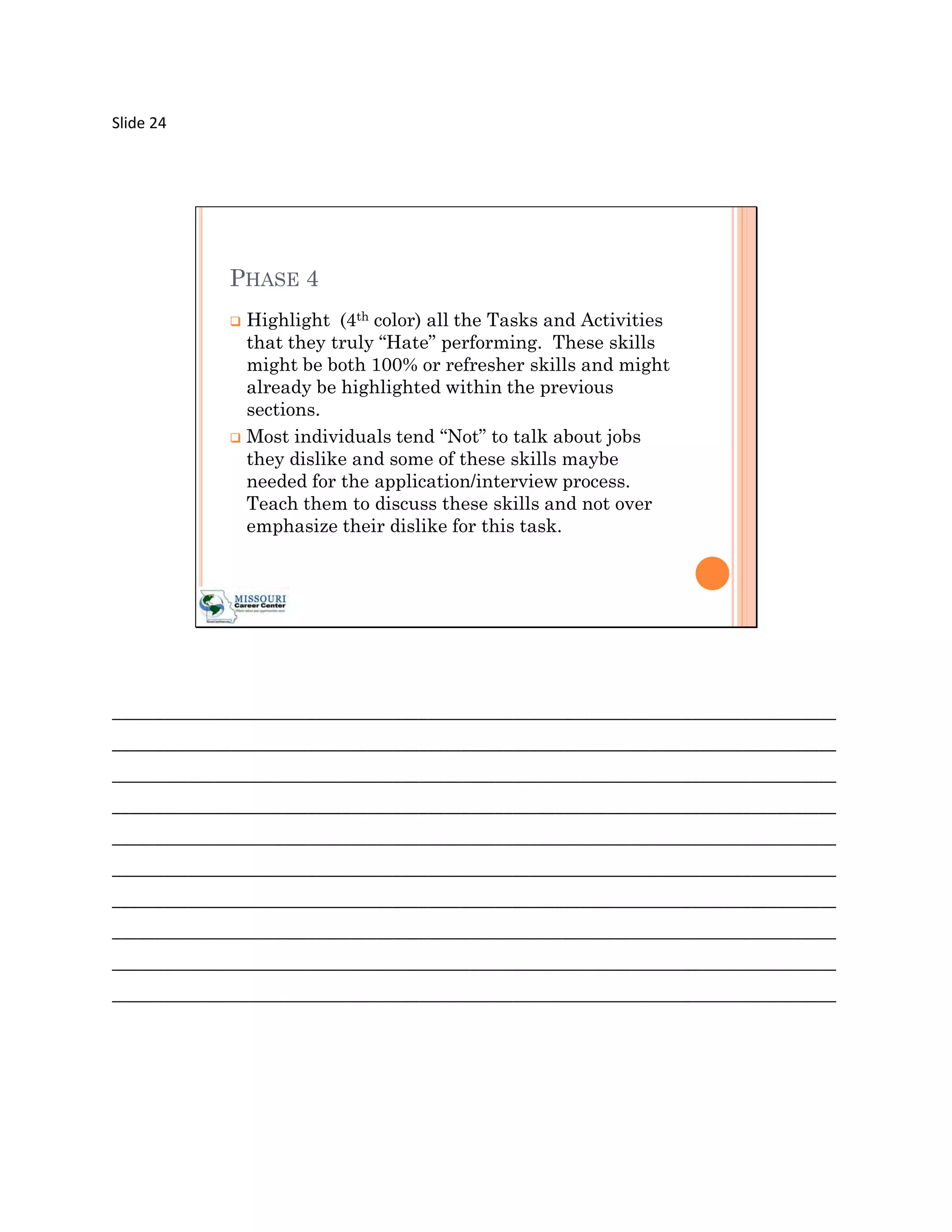 Slide 24




             PHASE 4
              Highlight (4th color) all the Tasks and Activities
               that they truly “Hate” performing. These skills
               might be both 100% or refresher skills and might
               already be highlighted within the previous
               sections.
              Most individuals tend “Not” to talk about jobs
               they dislike and some of these skills maybe
               needed for the application/interview process.
               Teach them to discuss these skills and not over
               emphasize their dislike for this task.




_____________________________________________________________________________________
_____________________________________________________________________________________
_____________________________________________________________________________________
_____________________________________________________________________________________
_____________________________________________________________________________________
_____________________________________________________________________________________
_____________________________________________________________________________________
_____________________________________________________________________________________
_____________________________________________________________________________________
_____________________________________________________________________________________
 