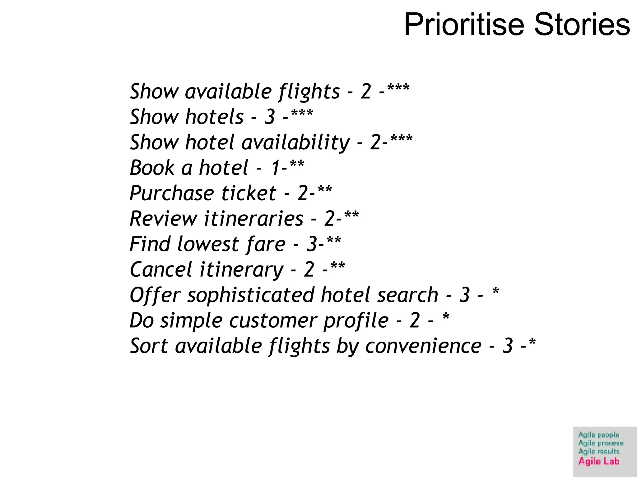 Prioritise Stories Show available flights - 2 -*** Show hotels - 3 -*** Show hotel availability - 2-*** Book a hotel - 1-** Purchase ticket - 2-** Review itineraries - 2-** Find lowest fare - 3-** Cancel itinerary - 2 -** Offer sophisticated hotel search - 3 - * Do simple customer profile - 2 - * Sort available flights by convenience - 3 -* 