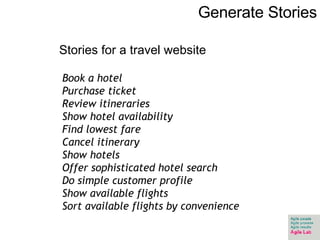 Generate Stories Book a hotel Purchase ticket Review itineraries Show hotel availability Find lowest fare Cancel itinerary Show hotels Offer sophisticated hotel search Do simple customer profile Show available flights Sort available flights by convenience Stories for a travel website 