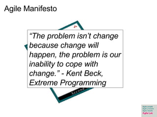 Agile Manifesto “ The problem isn’t change because change will happen, the problem is our inability to cope with change.” - Kent Beck, Extreme Programming 