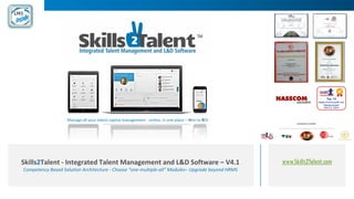 www.Skills2Talent.comSkills2Talent - Integrated Talent Management and L&D Software – V4.1
Competency Based Solution Architecture - Choose “one-multiple-all” Modules– Upgrade beyond HRMS
Manage all your talent capital management - online, in one place – Hire to ROI
 