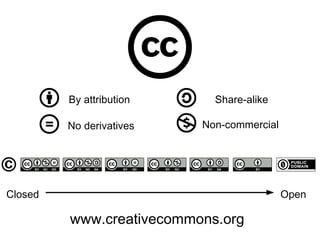 By attribution     Share-alike

         No derivatives   Non-commercial




Closed                                     Open

         www.creativecommons.org
 