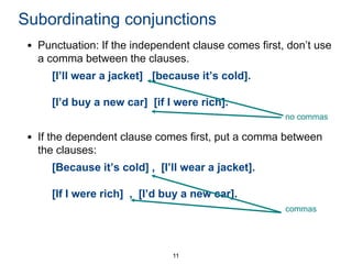 Subordinating conjunctions
• Punctuation: If the independent clause comes first, don’t use
a comma between the clauses.

[I’ll wear a jacket] [because it’s cold].
[I’d buy a new car] [if I were rich].
no commas

• If the dependent clause comes first, put a comma between
the clauses:
[Because it’s cold] , [I’ll wear a jacket].
[If I were rich] , [I’d buy a new car].
commas

11

 