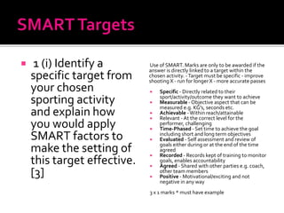  1 (i) Identify a
specific target from
your chosen
sporting activity
and explain how
you would apply
SMART factors to
make the setting of
this target effective.
[3]
Use of SMART. Marks are only to be awarded if the
answer is directly linked to a target within the
chosen activity. -Target must be specific - improve
shooting X - run for longer X - more accurate passes
 Specific - Directly related to their
sport/activity/outcome they want to achieve
 Measurable - Objective aspect that can be
measured e.g. KG's, seconds etc.
 Achievable -Within reach/attainable
 Relevant -At the correct level for the
performer, challenging
 Time-Phased - Set time to achieve the goal
including short and long term objectives
 Evaluated - Self assessment and review of
goals either during or at the end of the time
agreed
 Recorded - Records kept of training to monitor
goals, enables accountability
 Agreed - Shared with other parties e.g. coach,
other team members
 Positive - Motivational/exciting and not
negative in any way
3 x 1 marks * must have example
 