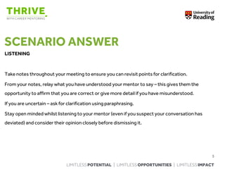 LIMITLESS POTENTIAL | LIMITLESS OPPORTUNITIES | LIMITLESS IMPACT
SCENARIO ANSWER
LISTENING
Take notes throughout your meeting to ensure you can revisit points for clarification.
From your notes, relay what you have understood your mentor to say – this gives them the
opportunity to affirm that you are correct or give more detail if you have misunderstood.
If you are uncertain – ask for clarification using paraphrasing.
Stay open minded whilst listening to your mentor (even if you suspect your conversation has
deviated) and consider their opinion closely before dismissing it.
5
 
