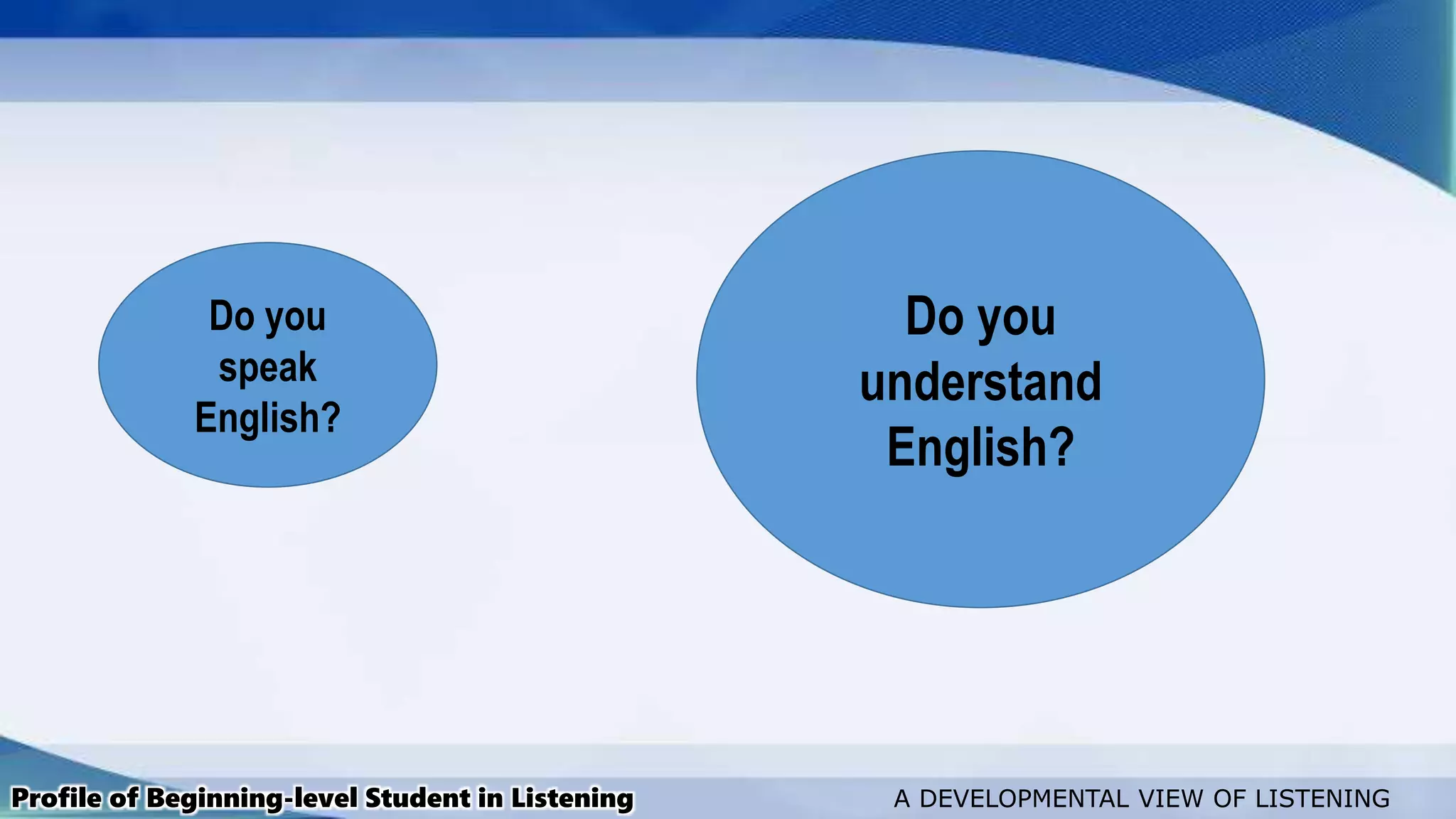 Profile of Beginning-level Student in Listening A DEVELOPMENTAL VIEW OF LISTENING
Do you
speak
English?
Do you
understand
English?
 