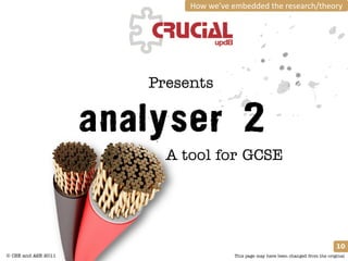 How we’ve embedded the research/theory




                     Presents



                       A tool for GCSE




                                                                                  10
© CSE and ASE 2011                   This page may have been changed from the original
 