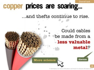 Overall task




...and thefts continue to rise.


                         Could cables
                      be made from a
                       less valuable
                              metal?

                                                             discuss
     More science
                                                                                  14
             © Association for Science Education and Centre for Science Education 2011
 