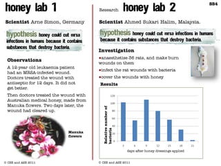 SS4
                                         Research                                                    SS4


Scientist Arne Simon, Germany            Scientist Ahmed Sukari Halim, Malaysia.




                                         Investigation
                                         ●anaesthetise 36 rats, and make burn
 Observations
                                         wounds on them
 A 12-year old leukaemia patient
                                         ●infect the rat wounds with bacteria
 had an MRSA-infected wound.
 Doctors treated the wound with          ●cover the wounds with honey
 antiseptic for 12 days. It did not       Results
 get better.
 Then doctors treated the wound with
 Australian medical honey, made from
 Manuka flowers. Two days later, the       Relative number of
 wound had cleared up.                     bacteria




                               Manuka
                               flowers



                                                                days after honey dressings applied


© CSE and ASE 2011                       © CSE and © CSE and ASE 2011
                                                   ASE 2011
 