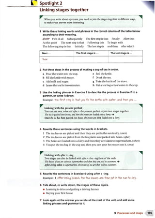 Spotlight 2
Linking stages together
When you write about a process, you need to join the stages together in different ways,
to make your answer more interesting.
1 Write these linking words and phrases in the correct column of the table below
according to their meaning.
-3%err First of all Subsequently The first step is that Finally After that
At this point The next step is that Following this To begin with
The following step is that Initially The last step is and then after which
N ext... The first stage is ... The last stage is ...
Then
Put these steps in the process of making a cup of tea in order.
a Pour the water into the cup. e Boil the kettle,
b Fill the kettle with water. f Drink the tea.
c Add milk and sugar. g Take the kettle off the stove,
d Leave the tea for two minutes. h Put a tea bag or tea leaves in the cup.
Use the linking phrases in Exercise 1 to describe the process in Exercise 2 to a
partner, or write it down.
Example: Une f x c s  step is ■hnafyok fill -line ke+he flrtVi vwter, and -then ytfiA ...
V
Linking with the present perfect
You can use once, when and after + the present perfect to join two stages together:
The tea ispacked into boxes, and then the boxes are loaded onto a lorry. 4
Once the tea has been packed into boxes, the boxes are then loaded onto a lorry.
4 Rewrite these sentences using the words in brackets.
1 The tea leaves are picked and then they are put in the sun to dry. (once)
2 The tea leaves are picked from the tea plants and packed into boxes, (after)
3 The boxes are loaded onto a lorry and then they are taken to supermarkets, (when)
4 You put the tea bag in the cup and then you can pour hot water into it. (once)
.... ^
Linking with after + -ing
Two stages can also be linked with after + the -ing form of the verb:
The boxes o ftea are taken to supermarkets and then they are sold to customers. 4
After being taken to supermarkets, the boxes o ftea are then sold to customers.
5 Rewrite the sentences in Exercise 4 using after + -ing.
Example: 1 After being picked, -foe -tea leaves are Mnen pi/f in -hne si/n o dry.
6 Talk about, or write down, the stages of these topics.
• Learning to drive and getting a driving licence
• Buying your first house
7 Look again at the answer you wrote at the start of the unit, and add some
linking phrases and grammar to it.
9 Processes and maps
 